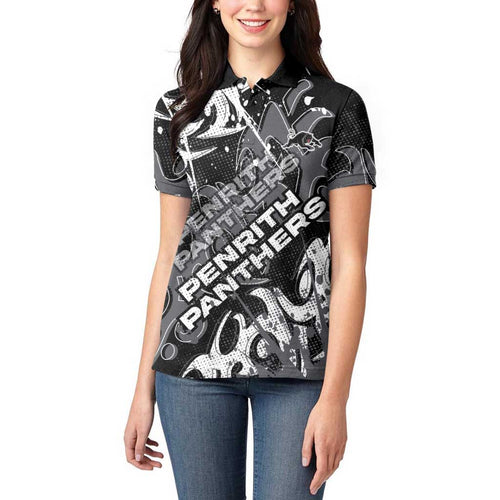 Personalized Penrith Panthers Rugby Women Polo Shirt Urban Street Graffiti Style - Distressed Splatter Elements