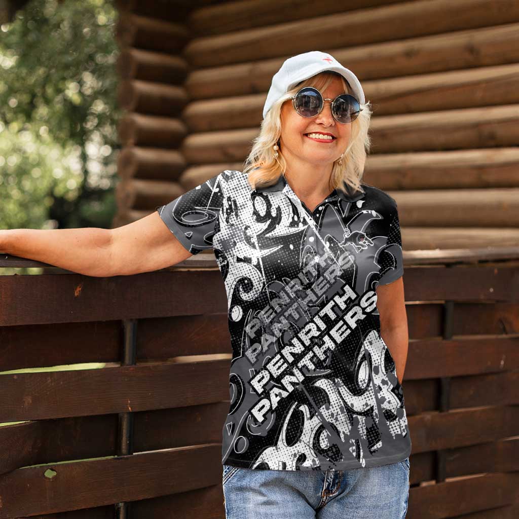 Personalized Penrith Panthers Rugby Women Polo Shirt Urban Street Graffiti Style - Distressed Splatter Elements