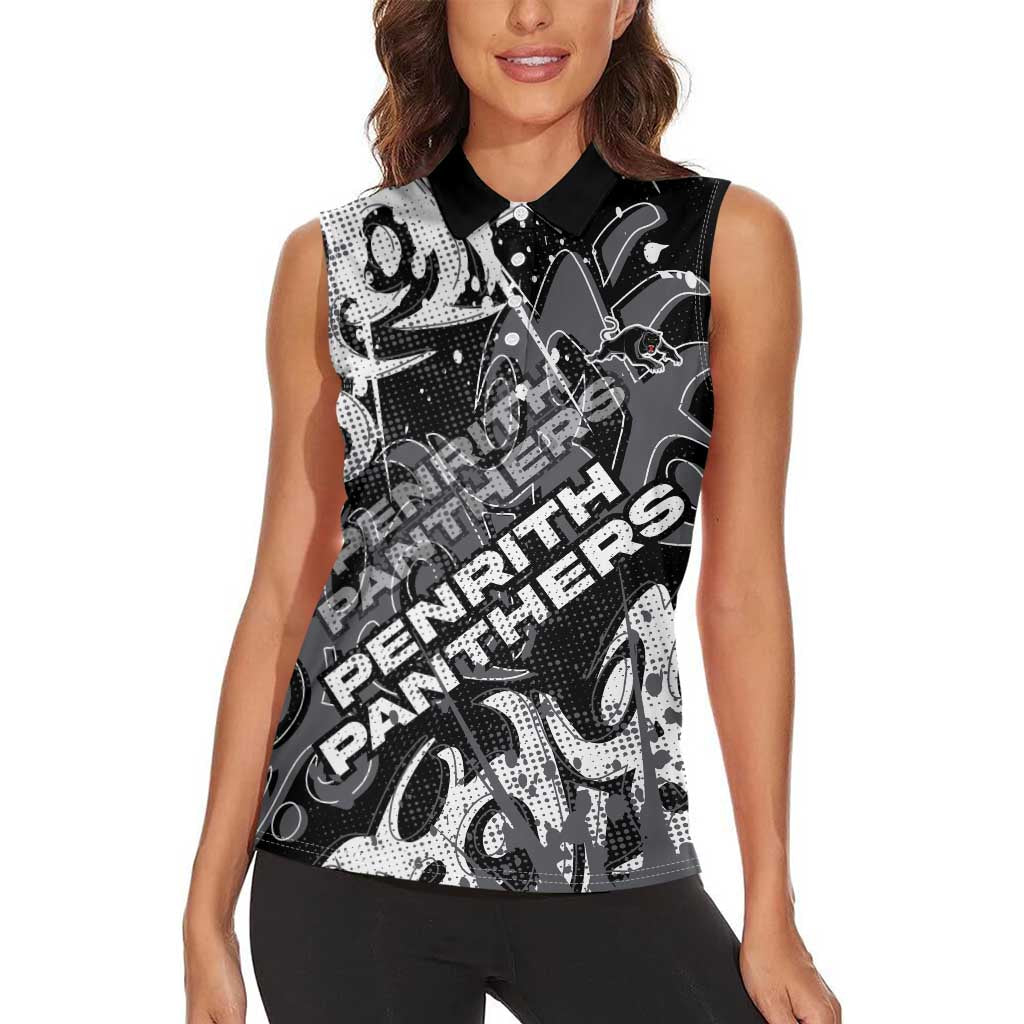 Personalized Penrith Panthers Rugby Women Sleeveless Polo Shirt Urban Street Graffiti Style - Distressed Splatter Elements