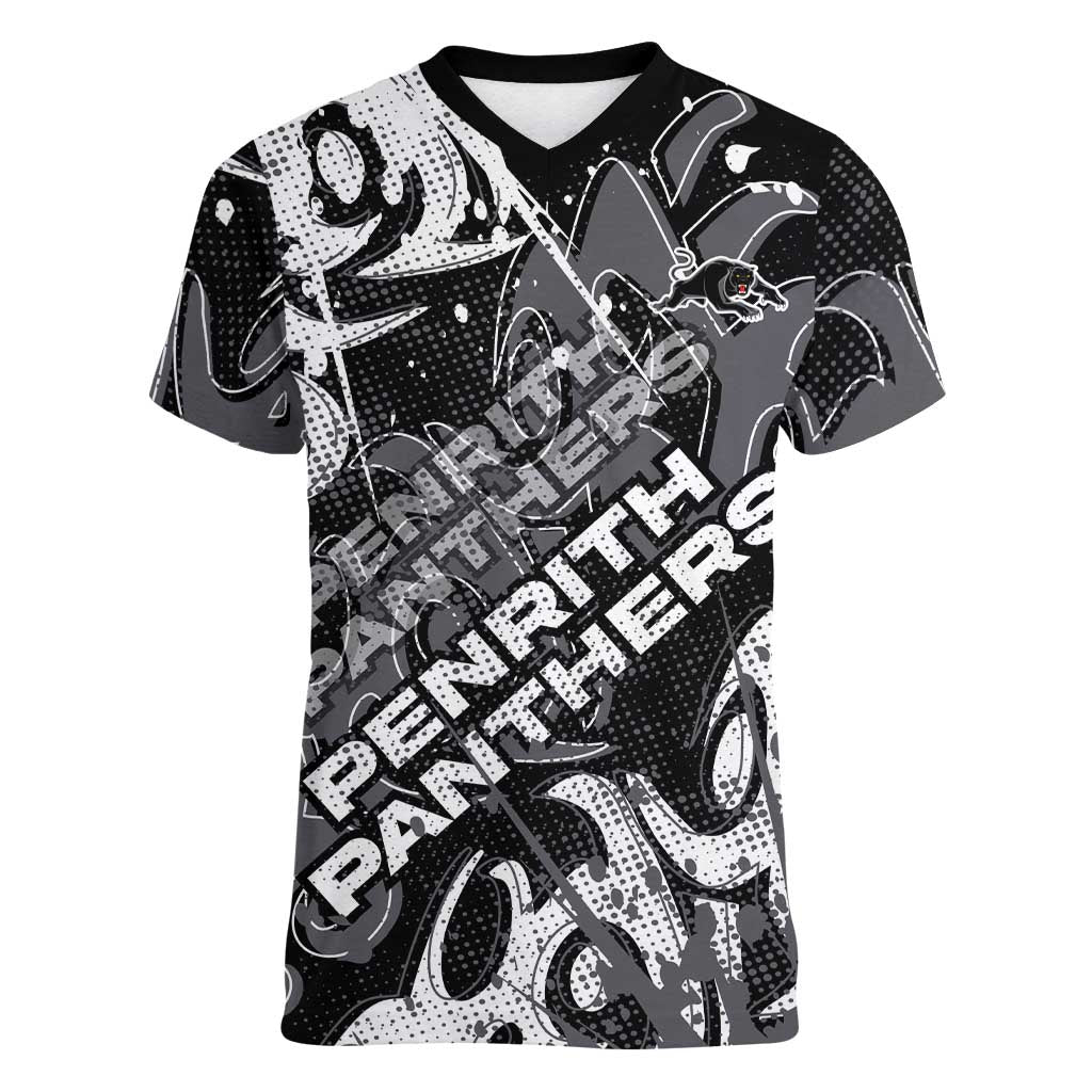 Personalized Penrith Panthers Rugby Women V-Neck T-Shirt Urban Street Graffiti Style - Distressed Splatter Elements