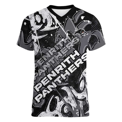 Personalized Penrith Panthers Rugby Women V-Neck T-Shirt Urban Street Graffiti Style - Distressed Splatter Elements