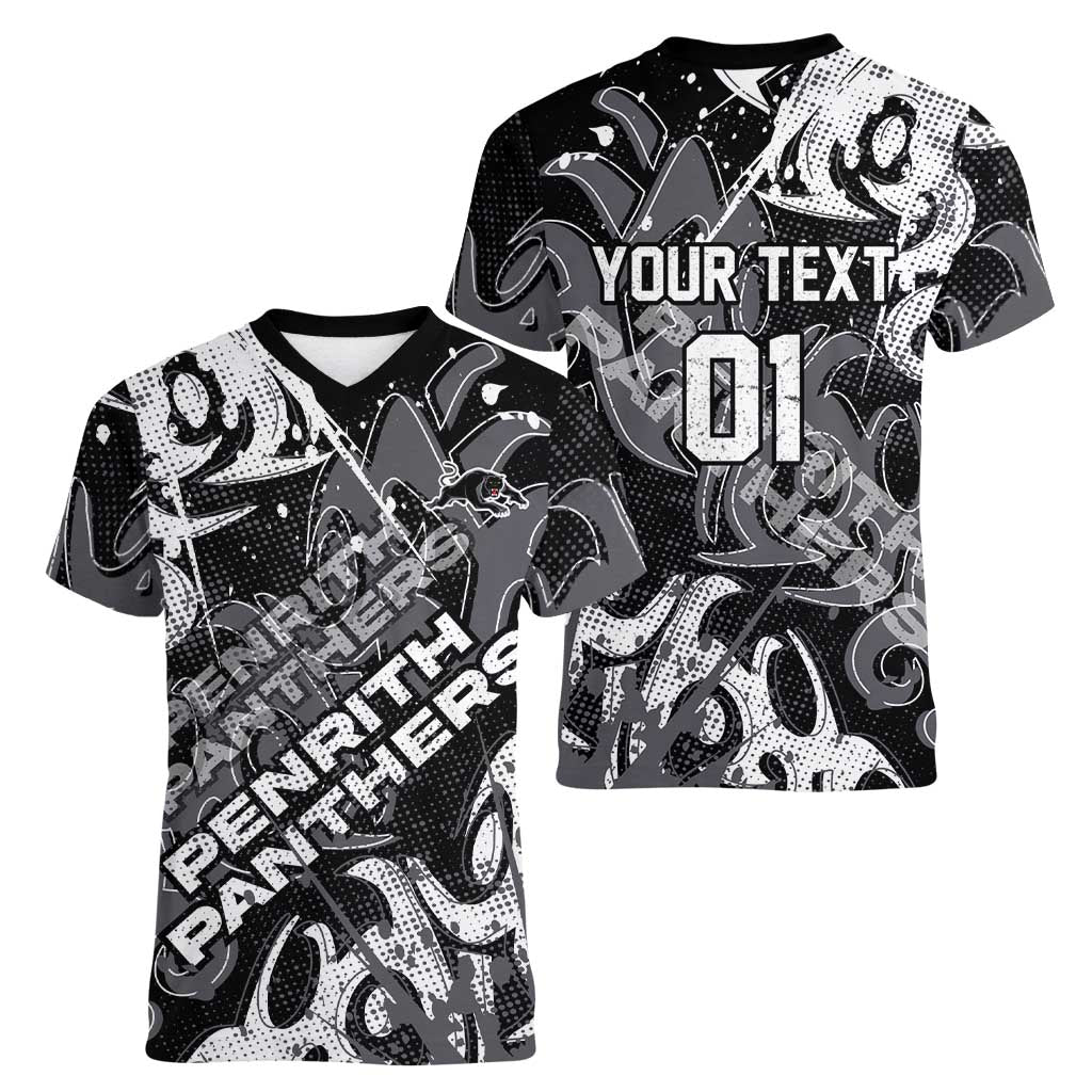 Personalized Penrith Panthers Rugby Women V-Neck T-Shirt Urban Street Graffiti Style - Distressed Splatter Elements