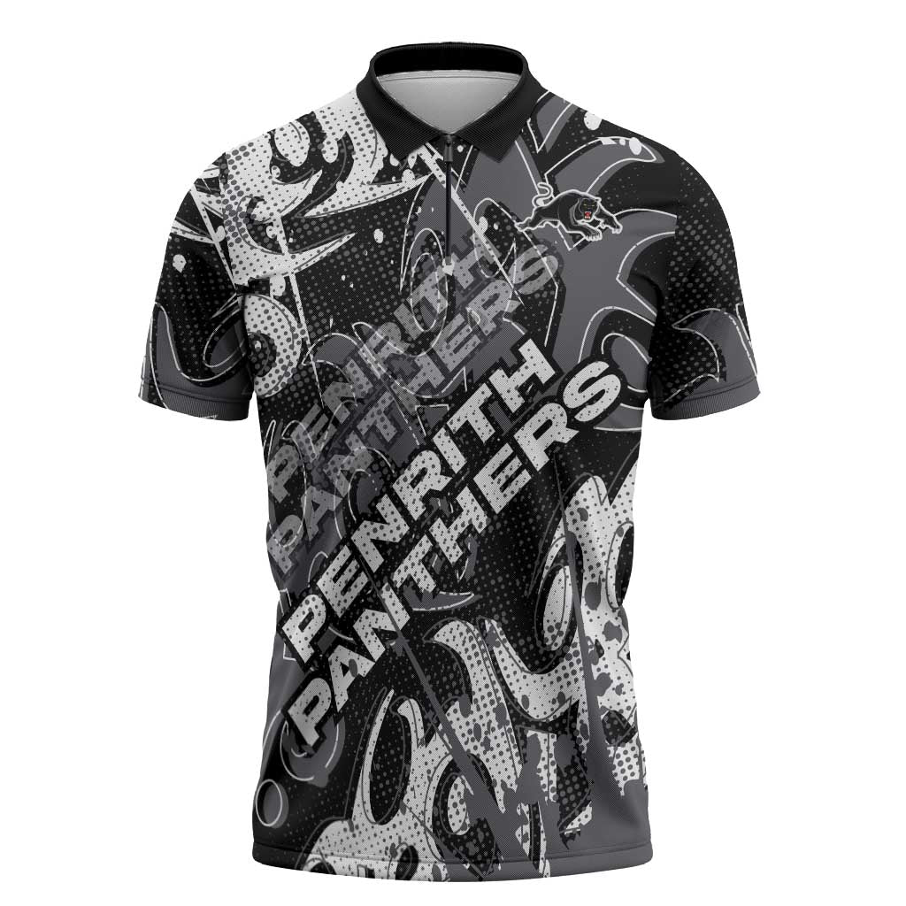 Personalized Penrith Panthers Rugby Zipper Polo Shirt Urban Street Graffiti Style - Distressed Splatter Elements