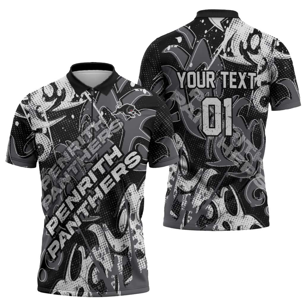 Personalized Penrith Panthers Rugby Zipper Polo Shirt Urban Street Graffiti Style - Distressed Splatter Elements