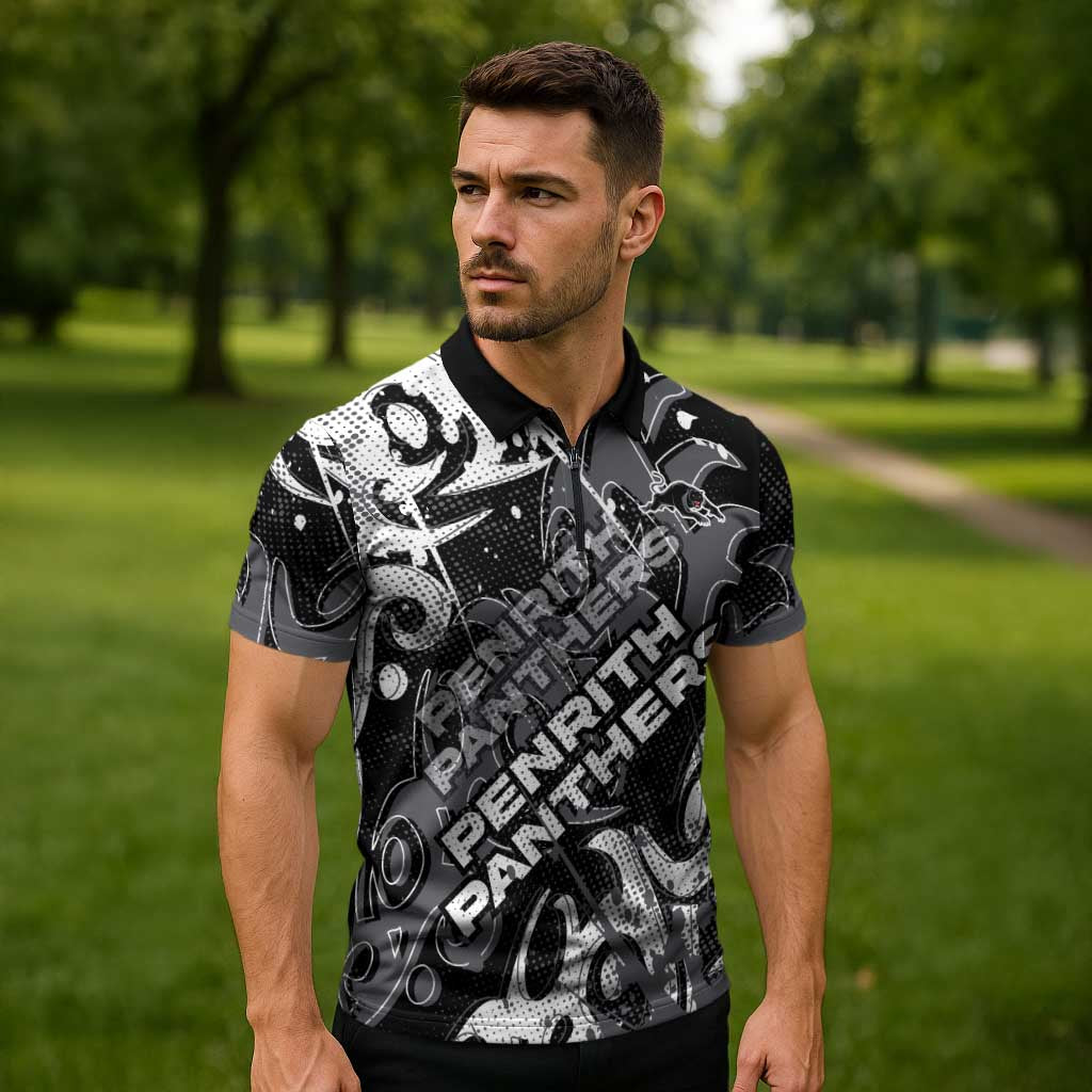 Personalized Penrith Panthers Rugby Zipper Polo Shirt Urban Street Graffiti Style - Distressed Splatter Elements