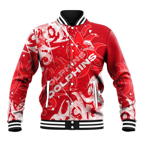 Personalized Dolphins Rugby Baseball Jacket Urban Street Graffiti Style - Distressed Splatter Elements