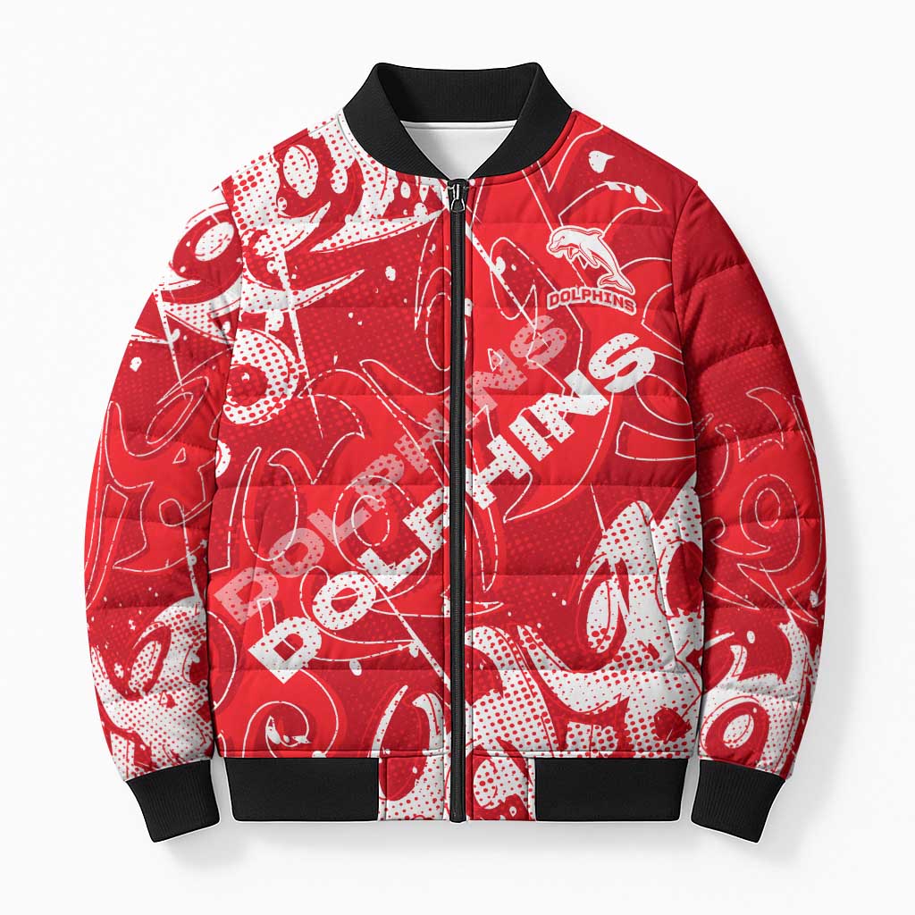 Personalized Dolphins Rugby Bomber Puffer Jacket Urban Street Graffiti Style - Distressed Splatter Elements