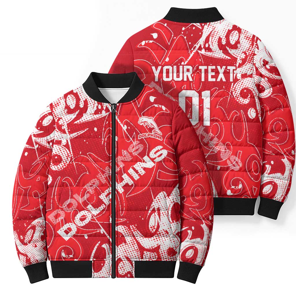 Personalized Dolphins Rugby Bomber Puffer Jacket Urban Street Graffiti Style - Distressed Splatter Elements