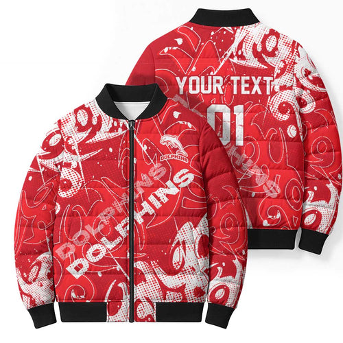 Personalized Dolphins Rugby Bomber Puffer Jacket Urban Street Graffiti Style - Distressed Splatter Elements