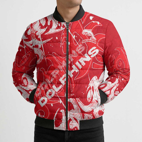 Personalized Dolphins Rugby Bomber Puffer Jacket Urban Street Graffiti Style - Distressed Splatter Elements