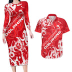 Personalized Dolphins Rugby Couples Matching Long Sleeve Bodycon Dress and Hawaiian Shirt Urban Street Graffiti Style - Distressed Splatter Elements