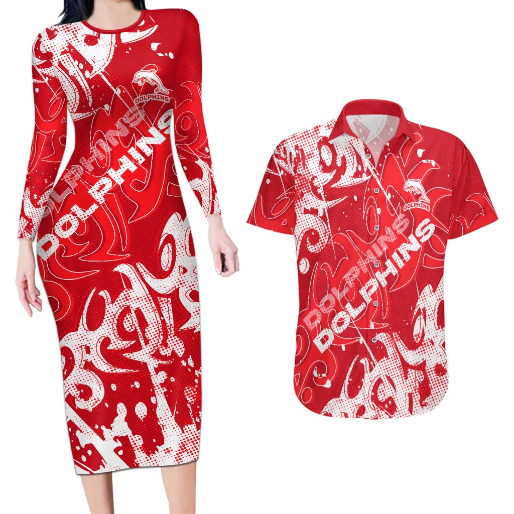 Personalized Dolphins Rugby Couples Matching Long Sleeve Bodycon Dress and Hawaiian Shirt Urban Street Graffiti Style - Distressed Splatter Elements