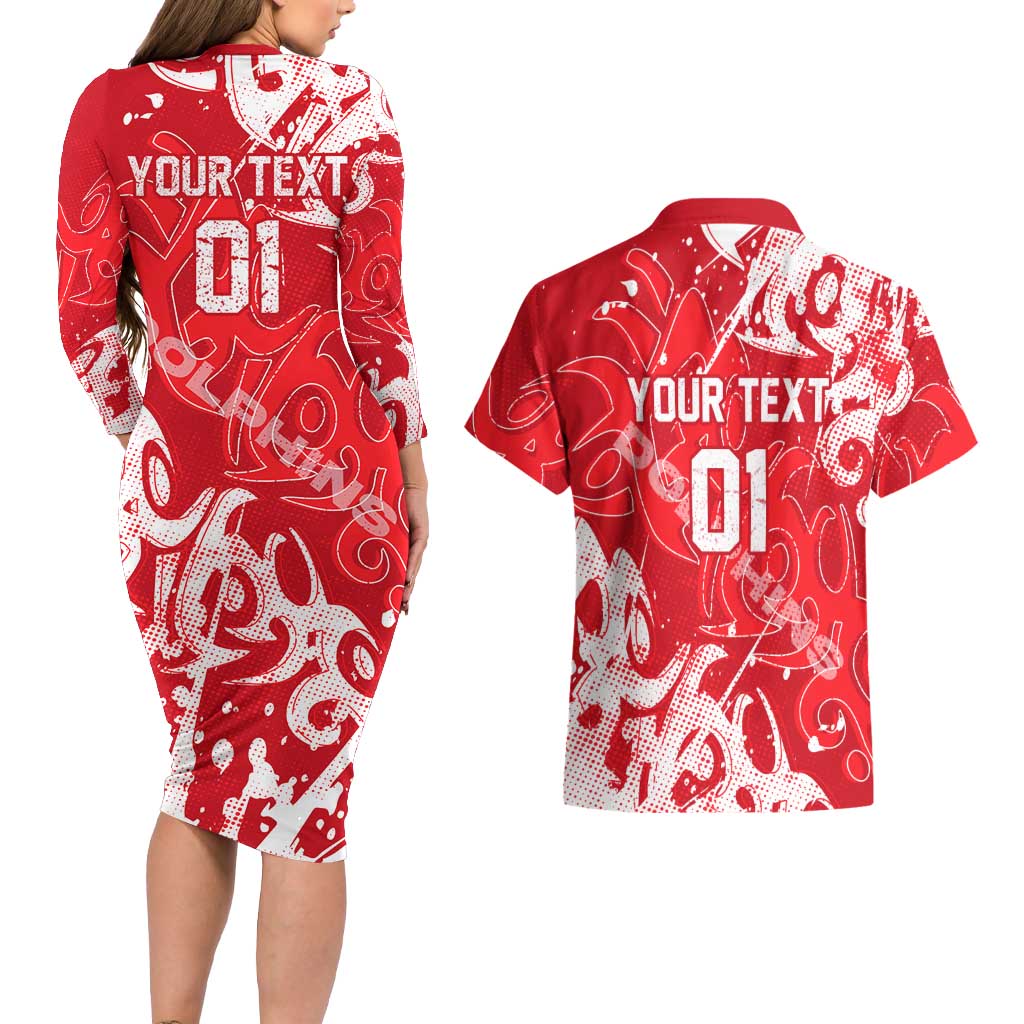 Personalized Dolphins Rugby Couples Matching Long Sleeve Bodycon Dress and Hawaiian Shirt Urban Street Graffiti Style - Distressed Splatter Elements