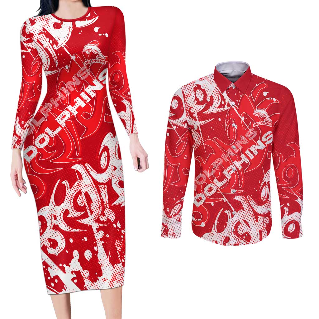 Personalized Dolphins Rugby Couples Matching Long Sleeve Bodycon Dress and Long Sleeve Button Shirt Urban Street Graffiti Style - Distressed Splatter Elements