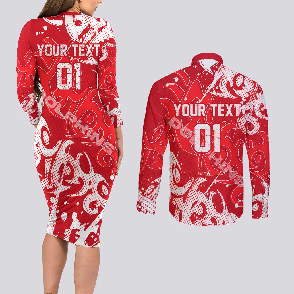 Personalized Dolphins Rugby Couples Matching Long Sleeve Bodycon Dress and Long Sleeve Button Shirt Urban Street Graffiti Style - Distressed Splatter Elements