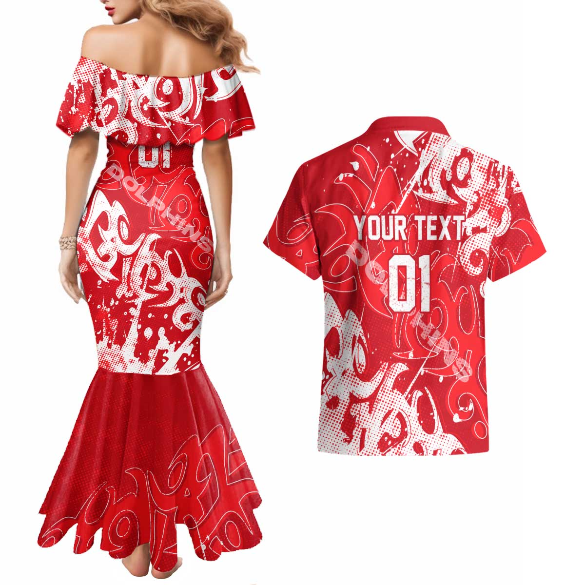 Personalized Dolphins Rugby Couples Matching Mermaid Dress and Hawaiian Shirt Urban Street Graffiti Style - Distressed Splatter Elements