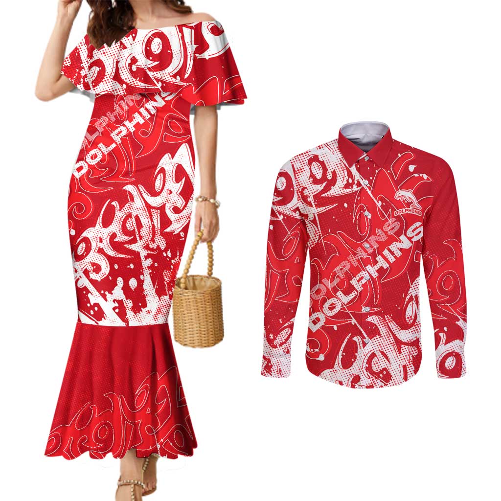 Personalized Dolphins Rugby Couples Matching Mermaid Dress and Long Sleeve Button Shirt Urban Street Graffiti Style - Distressed Splatter Elements