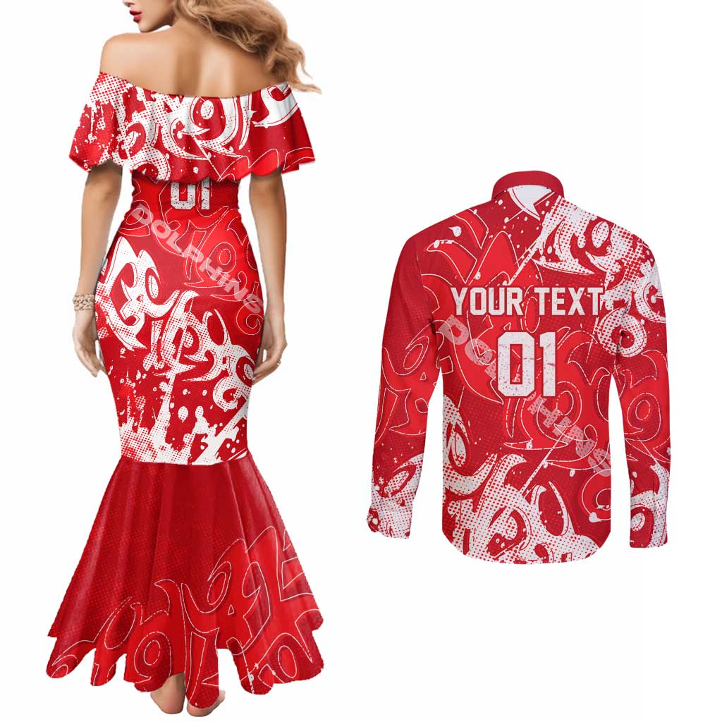 Personalized Dolphins Rugby Couples Matching Mermaid Dress and Long Sleeve Button Shirt Urban Street Graffiti Style - Distressed Splatter Elements
