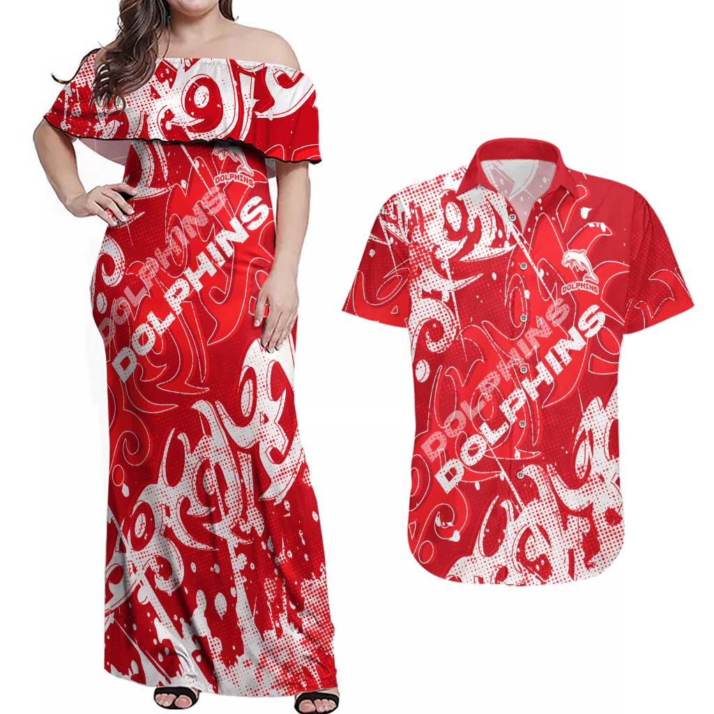 Personalized Dolphins Rugby Couples Matching Off Shoulder Maxi Dress and Hawaiian Shirt Urban Street Graffiti Style - Distressed Splatter Elements