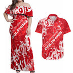 Personalized Dolphins Rugby Couples Matching Off Shoulder Maxi Dress and Hawaiian Shirt Urban Street Graffiti Style - Distressed Splatter Elements