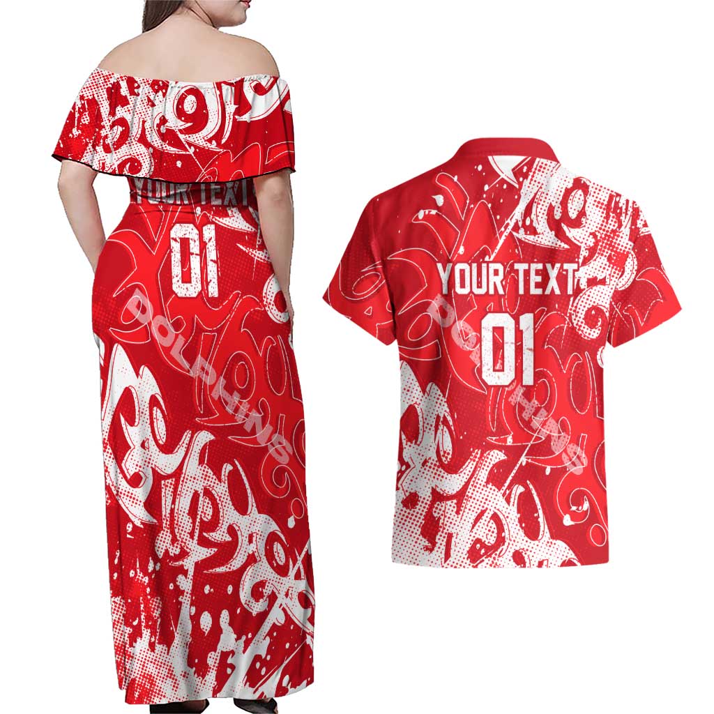 Personalized Dolphins Rugby Couples Matching Off Shoulder Maxi Dress and Hawaiian Shirt Urban Street Graffiti Style - Distressed Splatter Elements