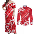 Personalized Dolphins Rugby Couples Matching Off Shoulder Maxi Dress and Long Sleeve Button Shirt Urban Street Graffiti Style - Distressed Splatter Elements
