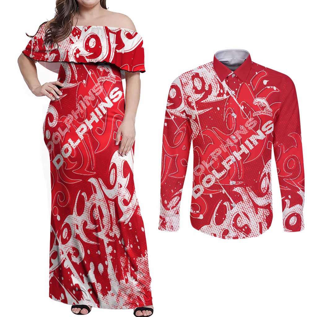 Personalized Dolphins Rugby Couples Matching Off Shoulder Maxi Dress and Long Sleeve Button Shirt Urban Street Graffiti Style - Distressed Splatter Elements
