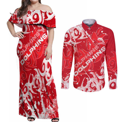 Personalized Dolphins Rugby Couples Matching Off Shoulder Maxi Dress and Long Sleeve Button Shirt Urban Street Graffiti Style - Distressed Splatter Elements