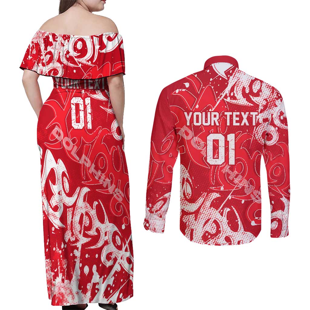 Personalized Dolphins Rugby Couples Matching Off Shoulder Maxi Dress and Long Sleeve Button Shirt Urban Street Graffiti Style - Distressed Splatter Elements