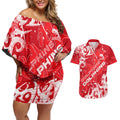 Personalized Dolphins Rugby Couples Matching Off Shoulder Short Dress and Hawaiian Shirt Urban Street Graffiti Style - Distressed Splatter Elements
