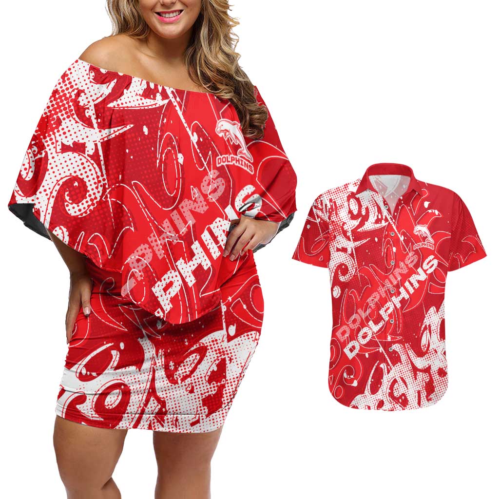 Personalized Dolphins Rugby Couples Matching Off Shoulder Short Dress and Hawaiian Shirt Urban Street Graffiti Style - Distressed Splatter Elements