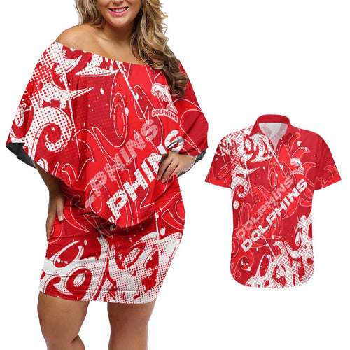 Personalized Dolphins Rugby Couples Matching Off Shoulder Short Dress and Hawaiian Shirt Urban Street Graffiti Style - Distressed Splatter Elements