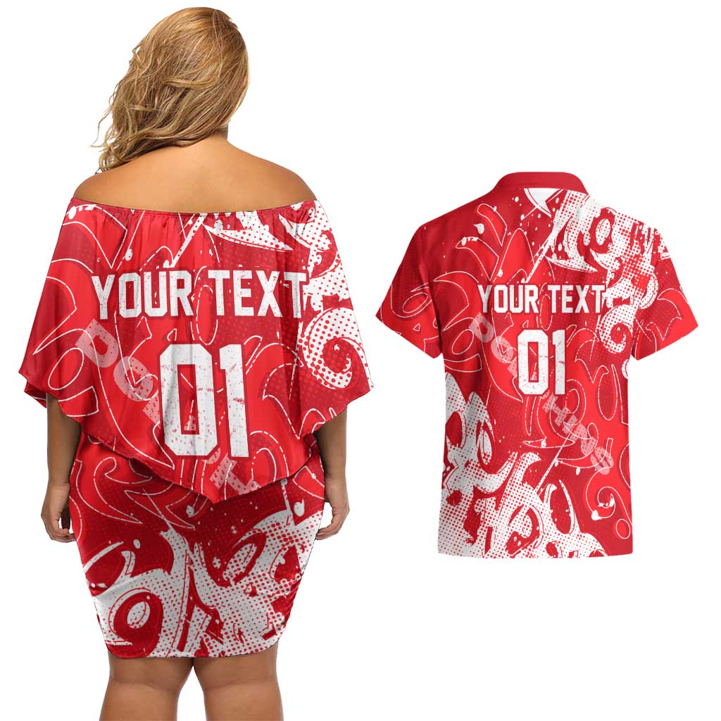 Personalized Dolphins Rugby Couples Matching Off Shoulder Short Dress and Hawaiian Shirt Urban Street Graffiti Style - Distressed Splatter Elements