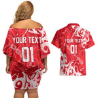 Personalized Dolphins Rugby Couples Matching Off Shoulder Short Dress and Hawaiian Shirt Urban Street Graffiti Style - Distressed Splatter Elements