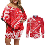 Personalized Dolphins Rugby Couples Matching Off Shoulder Short Dress and Long Sleeve Button Shirt Urban Street Graffiti Style - Distressed Splatter Elements