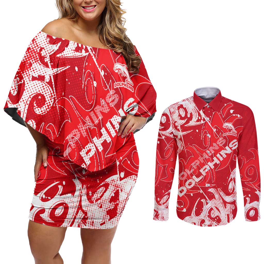 Personalized Dolphins Rugby Couples Matching Off Shoulder Short Dress and Long Sleeve Button Shirt Urban Street Graffiti Style - Distressed Splatter Elements
