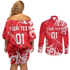 Personalized Dolphins Rugby Couples Matching Off Shoulder Short Dress and Long Sleeve Button Shirt Urban Street Graffiti Style - Distressed Splatter Elements