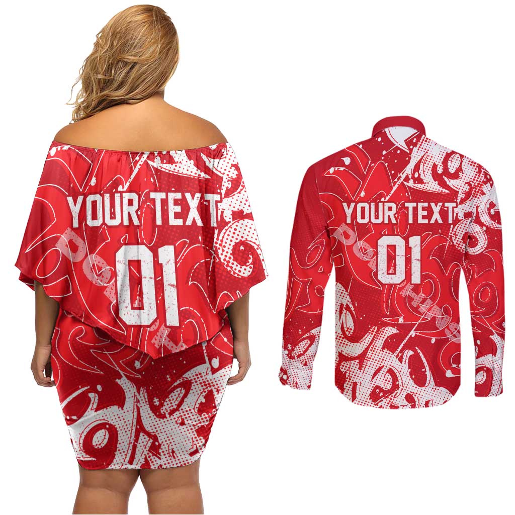 Personalized Dolphins Rugby Couples Matching Off Shoulder Short Dress and Long Sleeve Button Shirt Urban Street Graffiti Style - Distressed Splatter Elements