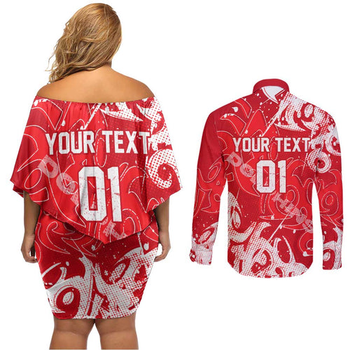 Personalized Dolphins Rugby Couples Matching Off Shoulder Short Dress and Long Sleeve Button Shirt Urban Street Graffiti Style - Distressed Splatter Elements