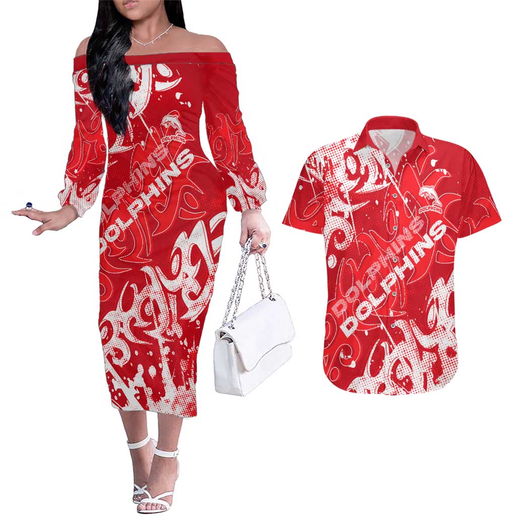 Personalized Dolphins Rugby Couples Matching Off The Shoulder Long Sleeve Dress and Hawaiian Shirt Urban Street Graffiti Style - Distressed Splatter Elements