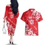 Personalized Dolphins Rugby Couples Matching Off The Shoulder Long Sleeve Dress and Hawaiian Shirt Urban Street Graffiti Style - Distressed Splatter Elements