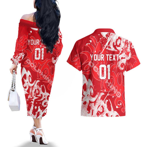 Personalized Dolphins Rugby Couples Matching Off The Shoulder Long Sleeve Dress and Hawaiian Shirt Urban Street Graffiti Style - Distressed Splatter Elements