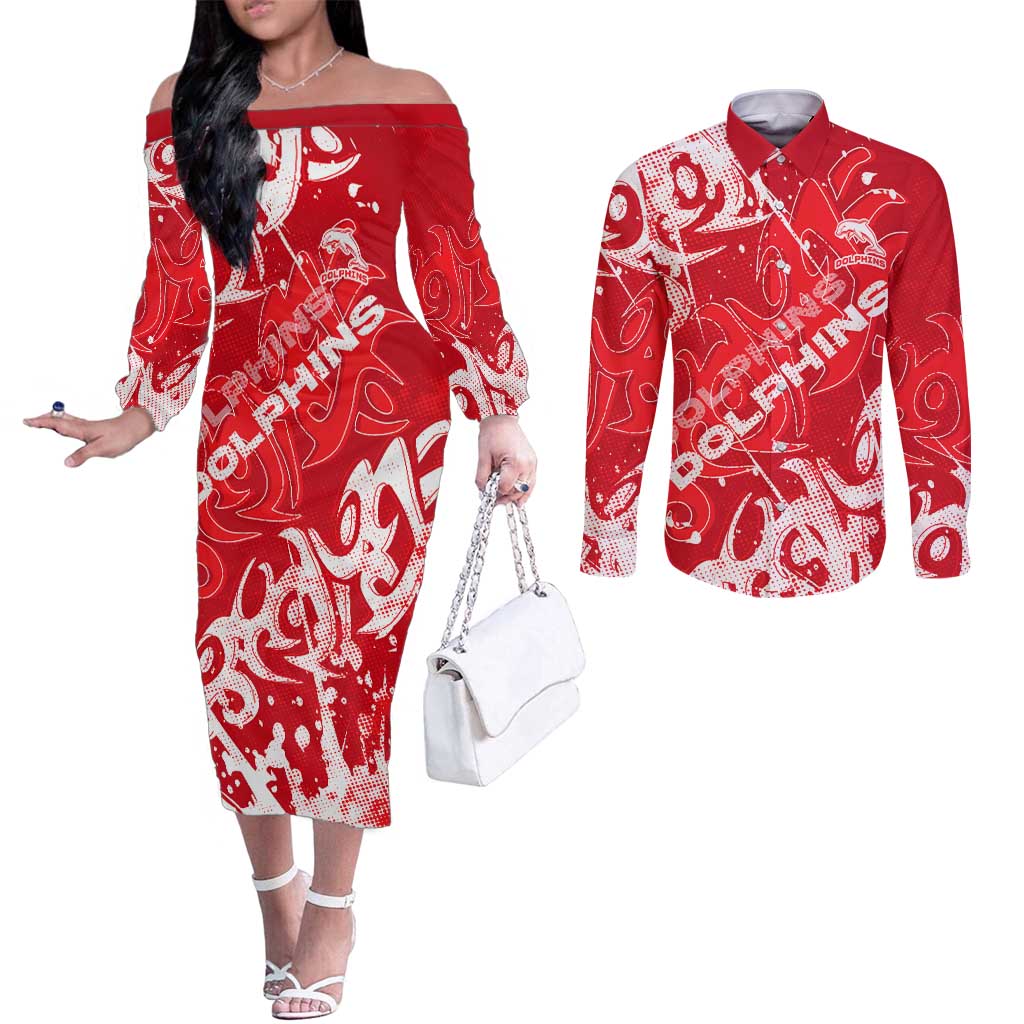 Personalized Dolphins Rugby Couples Matching Off The Shoulder Long Sleeve Dress and Long Sleeve Button Shirt Urban Street Graffiti Style - Distressed Splatter Elements