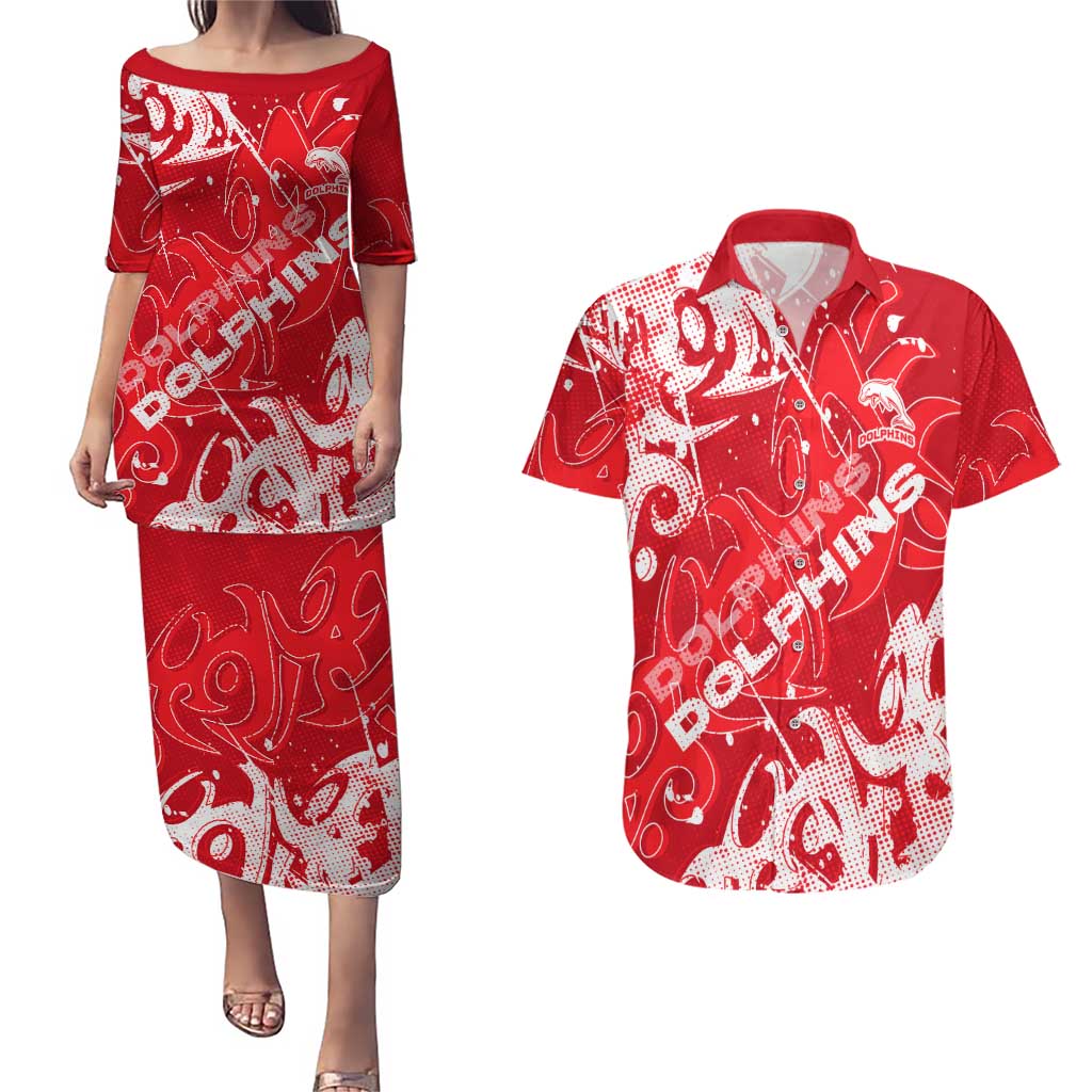 Personalized Dolphins Rugby Couples Matching Puletasi and Hawaiian Shirt Urban Street Graffiti Style - Distressed Splatter Elements