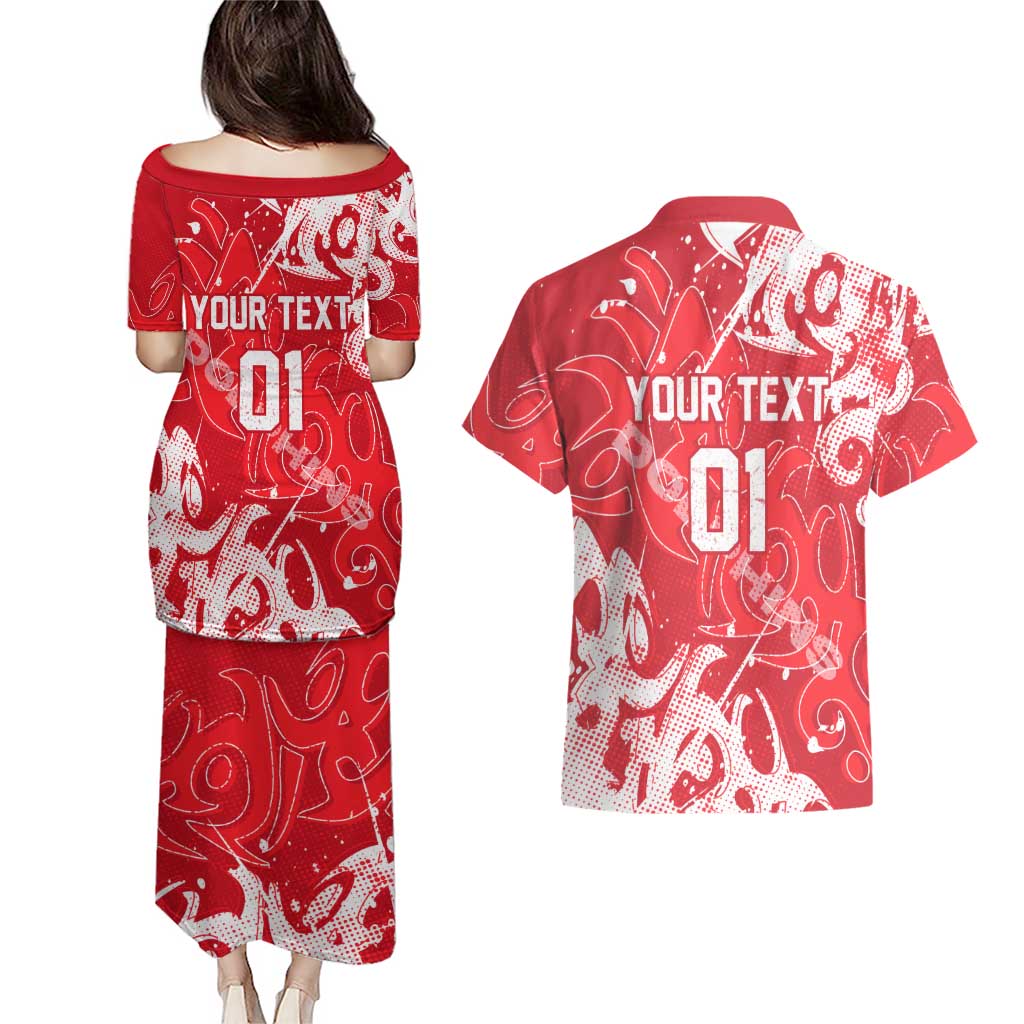 Personalized Dolphins Rugby Couples Matching Puletasi and Hawaiian Shirt Urban Street Graffiti Style - Distressed Splatter Elements