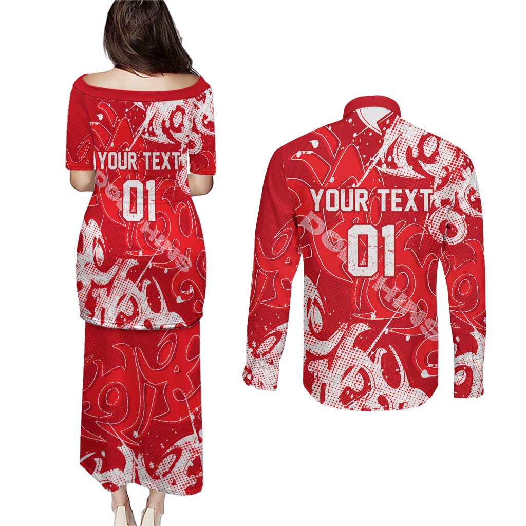 Personalized Dolphins Rugby Couples Matching Puletasi and Long Sleeve Button Shirt Urban Street Graffiti Style - Distressed Splatter Elements
