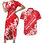 Personalized Dolphins Rugby Couples Matching Short Sleeve Bodycon Dress and Hawaiian Shirt Urban Street Graffiti Style - Distressed Splatter Elements