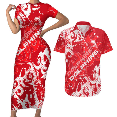 Personalized Dolphins Rugby Couples Matching Short Sleeve Bodycon Dress and Hawaiian Shirt Urban Street Graffiti Style - Distressed Splatter Elements