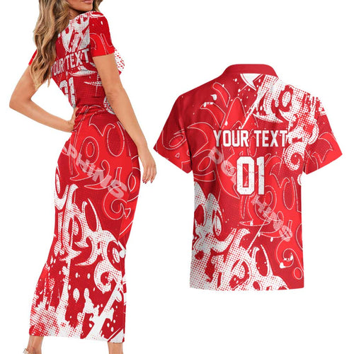 Personalized Dolphins Rugby Couples Matching Short Sleeve Bodycon Dress and Hawaiian Shirt Urban Street Graffiti Style - Distressed Splatter Elements