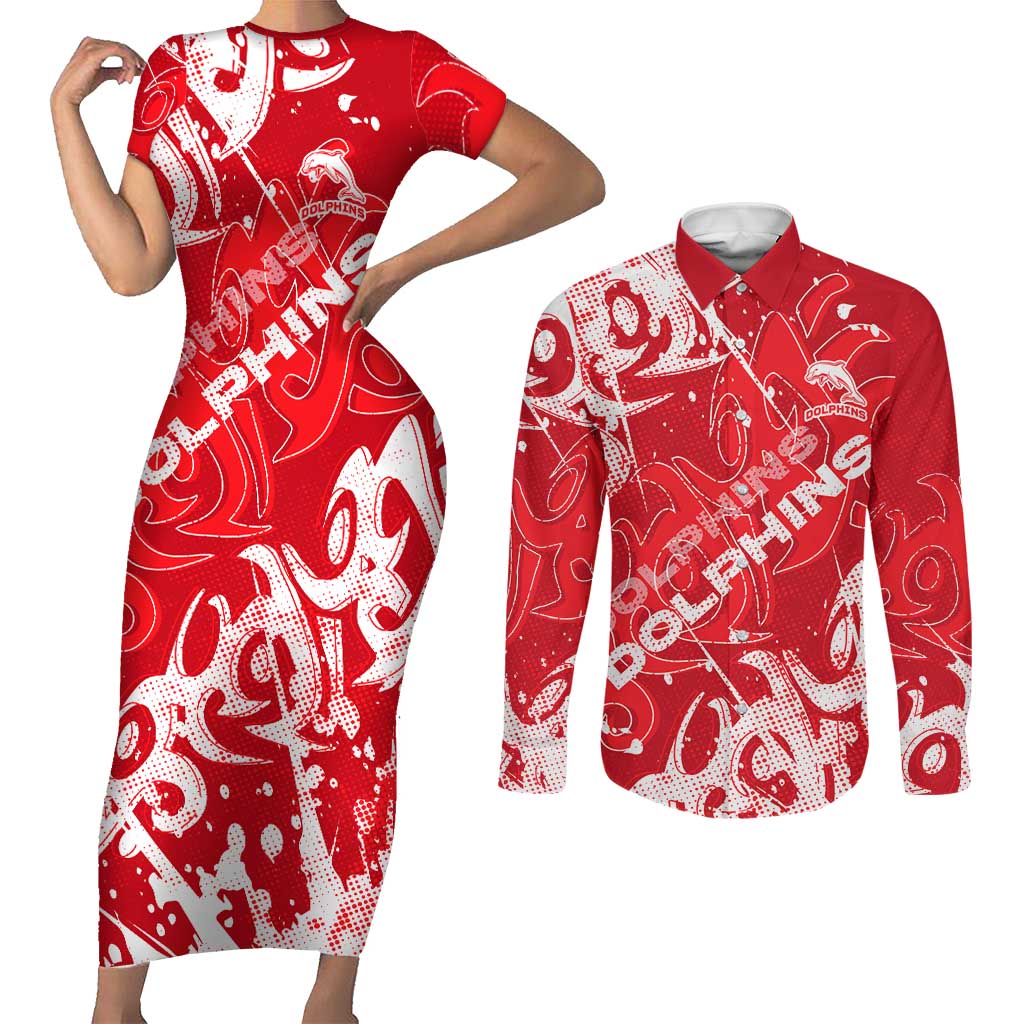 Personalized Dolphins Rugby Couples Matching Short Sleeve Bodycon Dress and Long Sleeve Button Shirt Urban Street Graffiti Style - Distressed Splatter Elements